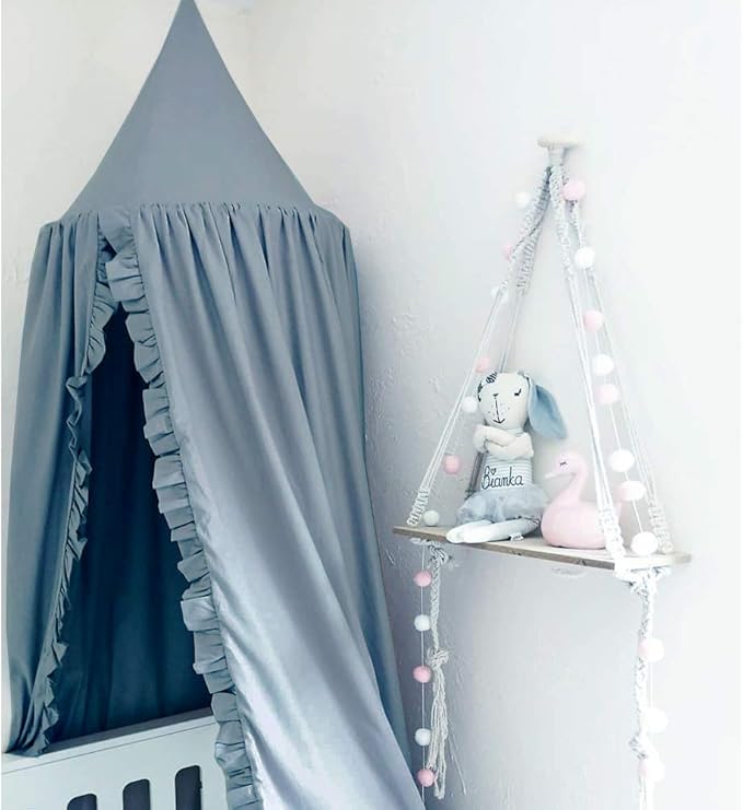 Bed Canopy with Frills Reading Nook Game Tent for Kids Boho Hanging Net Play Room Decor(Blue)-CubbioJoy