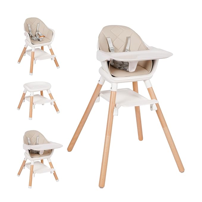 Baby High Chair, 6 in 1 Wooden Convertible High Chairs for Babies and Toddlers, Booster Seat with Double Tray & Reversible Footrest Baby Highchair, 5-Point Harness Baby Feeding Chair, Beige-CubbioJoy