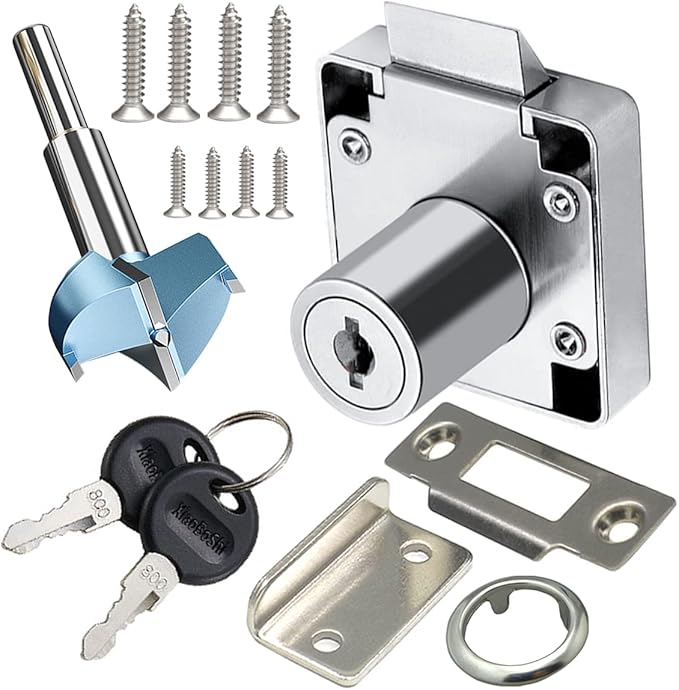 Automatic Lock Tongue Cabinet Drawer Lock 【Keyed Alike】& Forstner Drill Bit Furniture Locker Lock Showcase Lock Drilling Diameter 3/4"/19mm for (3/5"-/15mm -7/8"-/22mm) Door Panel-CubbioJoy