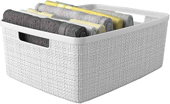 Curver Set of 6 Jute Medium Decorative Plastic Organization and Storage Baskets, Perfect Bins for Home Office, Closet Shelves, Kitchen Pantry and All Bedroom Essentials, White-CubbioJoy
