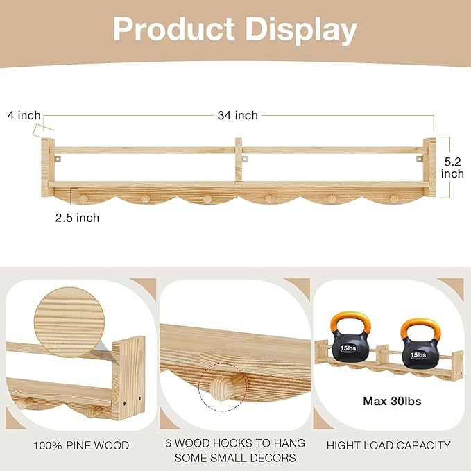 34Inch Nursery Bookshelves,Set of 4,Wall Floating Shelf Kids Coat Rack with 6Hooks,Hanging Book Shelf for Baby Nursery Room Décor， Patent Number: 29958098(Burlywood, 34)-CubbioJoy