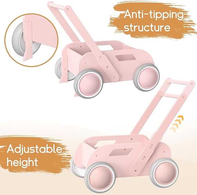 2025 HOMEKOL Wooden Baby Walker,Baby Push Walker, Adjustable Speed Baby Walker for Boys and Girls, Baby Activity Center, Gift for Birthday, Christmas and New Year Nature Pink-CubbioJoy