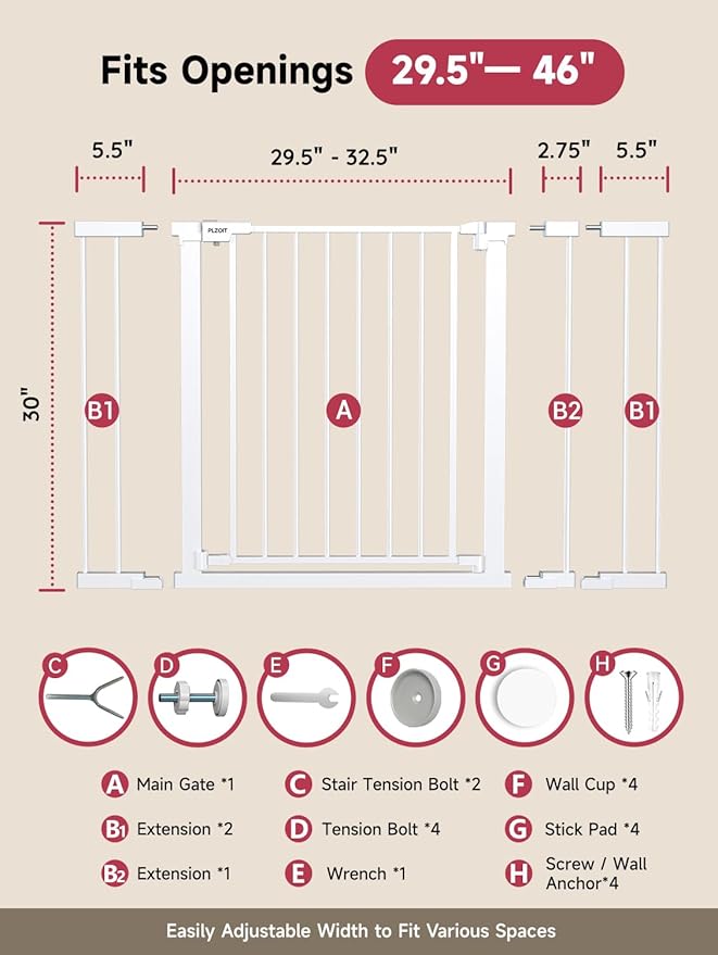 Baby Gate for Stairs, 30'' Tall 29.5-46" Extra Wide Dog Gate for Stairs Walk Thru Auto Close Metal Pet Gate for The House, Stairs and Doorways Child Gate Pressure Mounted Safety Gate Indoor - White-CubbioJoy
