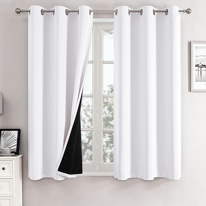 ChrisDowa White 100% Blackout Curtains for Bedroom with Black Liner, 2 Thick Layers Total Blackout Thermal Insulated Grommet Small Window Curtains 2 Panels Set (Pure White, 42 x 45 Inch)-CubbioJoy