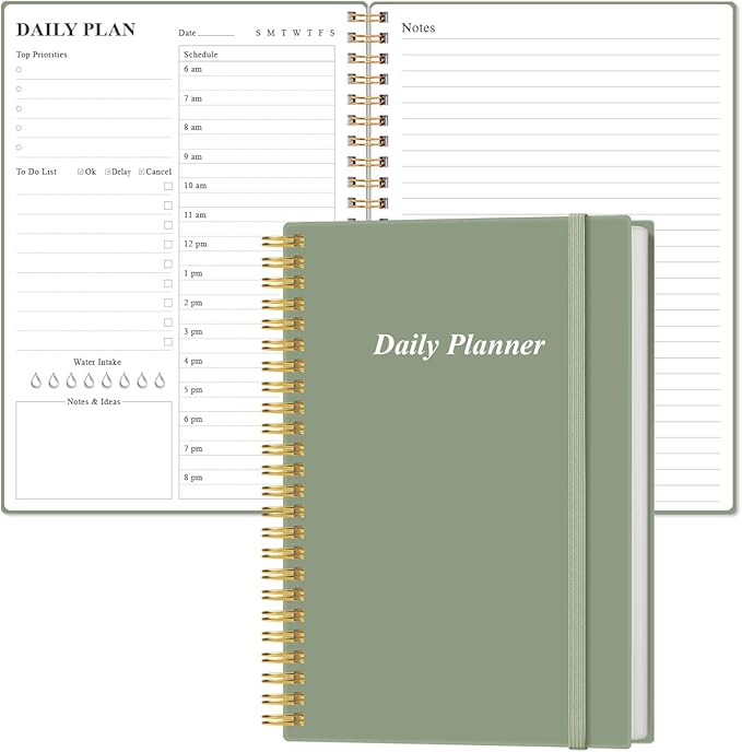 Daily Planner Undated - A5 To Do List Notebook Hourly Schedules, Spiral Appointment Planner for Women and Men, PVC Hardcover, Inner Pocket, Elastic Closure, 5.8" x 8.3", Green-CubbioJoy