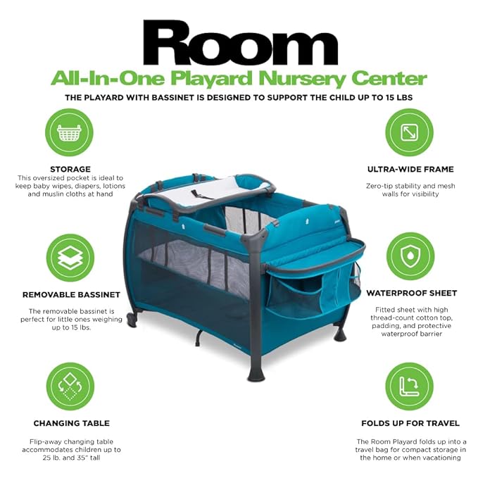Joovy Room-Playard, Nursery Center, Bassinet, Changing-Table, Turquoise-CubbioJoy
