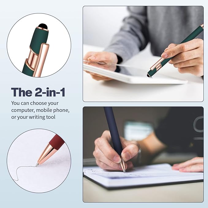 8 Pieces Ballpoint Pen with Stylus Tip Black Ink 2 in 1 Stylus Metal 1.0 mm Medium Point Smooth Pen Rainbow Colorful Rubberized Ballpoint for Touch Screen Tablet(Red, Green, Navy, Black)-CubbioJoy