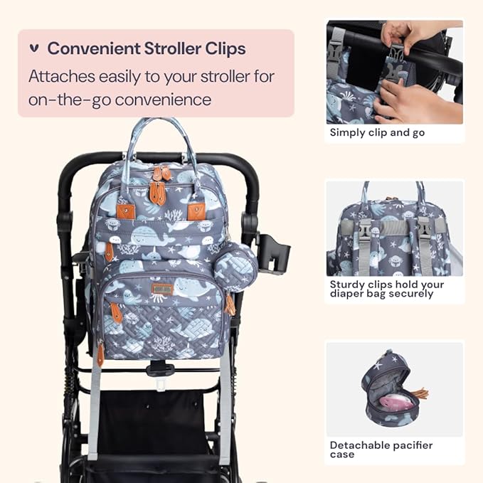 BabbleRoo Diaper Bag Backpack - Baby Essentials Travel Tote - Multi Function Waterproof Diaper Bag, Travel Essentials Baby Bag with Changing Pad, Stroller Straps & Pacifier Case - Unisex, Sea Animals-CubbioJoy