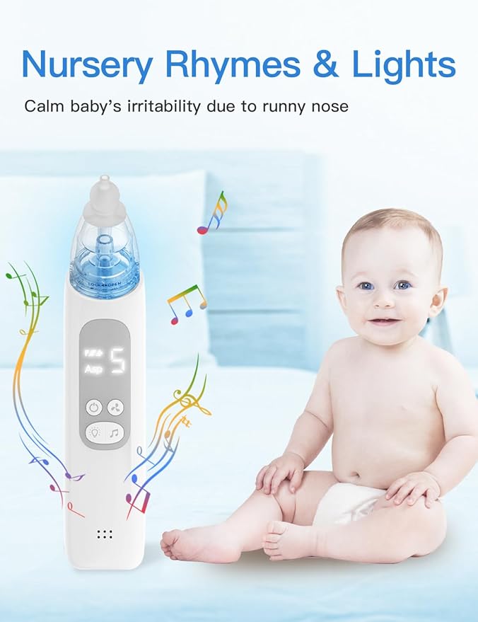 Baby Nasal Aspirator, Electric Nose Sucker with 5 Levels Suction, Soothing Light & Nursery Rhymes (White)-CubbioJoy