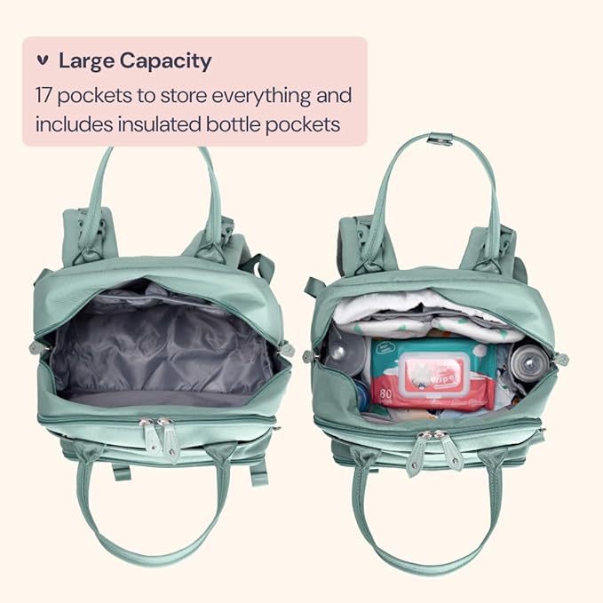 BabbleRoo Diaper Bag Backpack - Baby Essentials Travel Bag - Multi Function Waterproof Diaper Bag, Travel Essentials Baby Bag with Changing Pad, Stroller Straps & Pacifier Case – Unisex, Sage Green-CubbioJoy