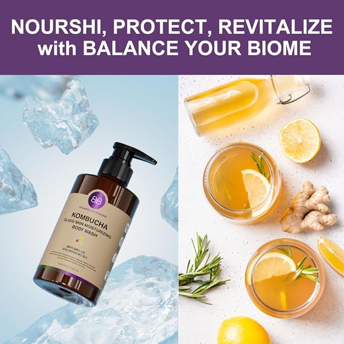 BALANCE YOUR BIOME Kombucha Glass-Skin Moisturizing Body Wash, K-Beauty,Fermented soybean, barley, Pear Juice, Pomegranates,12 Vitamins, Nurishing, Cleansing, 16.9 fl.oz.500ml, No Silicone-CubbioJoy