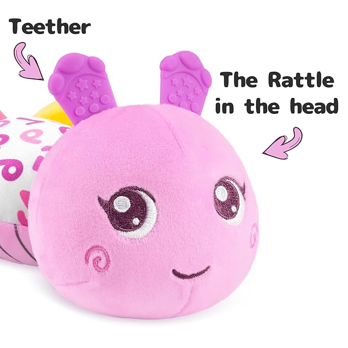 Infant Baby Musical Stuffed Animal Activity Soft Toys with Multi-Sensory Crinkle, Rattle and Textures for 0-3-6-12 Months Developmental Toys, Caterpillar, Purple-CubbioJoy