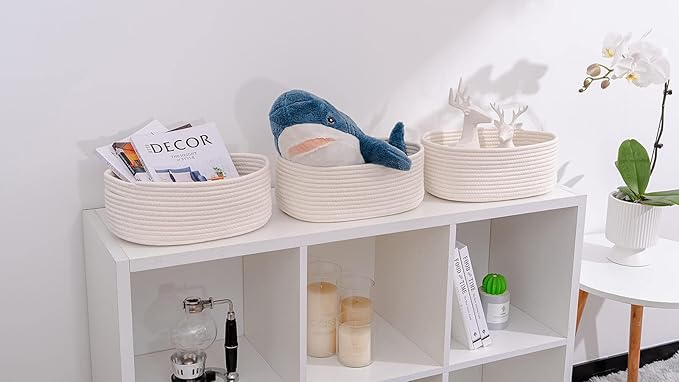 Baskets&Bins for Shelf Storage Organizing/Cute Basket to Store and Organize Household Items/Woven Rope Basket for Living Room, Bedroom,Playroom,3 Packs Off White-CubbioJoy