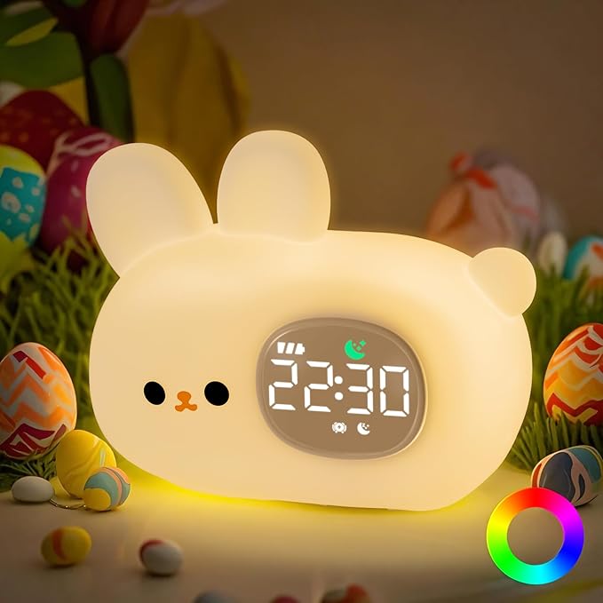 Bunny Alarm Clock with Night Light for Kids with Sleep Training and Sound Machine, Rechargeable Silicone Lamp OK to Wake Clock，Cute Animal Tabletop Lamp, Perfect Sleep Companion for Boys Girls-CubbioJoy