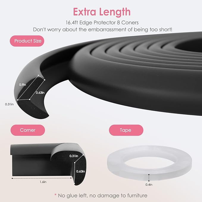 Baby Proofing Corners and Edges Protector Guards (16.5FT Edge +8 Corners), Soft Rubber Foam Edge Protector with Removable Double Sided Tapes, Furniture Table Bumper Guard for Baby Safety-Black-CubbioJoy