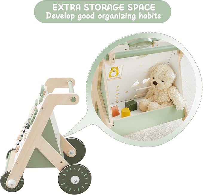 Beright Wooden Baby Walker with Roller Upgraded, Push and Pull Learning Activity Walker, Multi-Functional Kids’ Activity Toys, Develops Motor Skills & Stimulates Creativity, Green-CubbioJoy