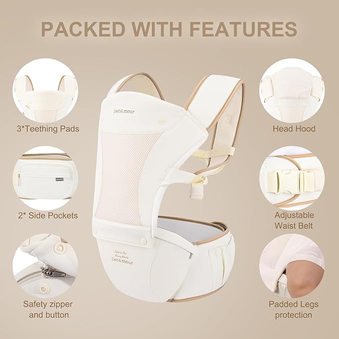 Bebamour Baby Carrier with Hip Seat,All-Position Breathable Mesh Hip Seat & Carrier 0-36Months with Head Hood, 3 PCS Teething Pads, Waist Extender,Storage Bag & Pacifier Case(Khaki)-CubbioJoy