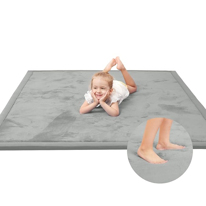 Baby Play Mat for Floor,1.3" Thick Memory foam Tummy Time Mat,Water Repellent Soft Velvet Nursery Rug,Extra Large Non Slip for Crawling,Toddlers,Infants,kids,Tatami Style for Living Room(Light Grey)-CubbioJoy