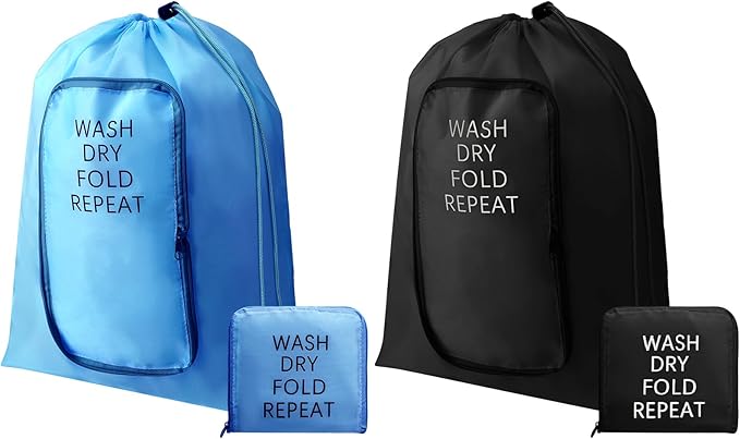2 Pcs Travel Laundry Bag Washable Dirty Clothes Bag with Drawstring and Zipper for Suitcase, 22 x 18 Inch (Black, Blue,Classic)-CubbioJoy