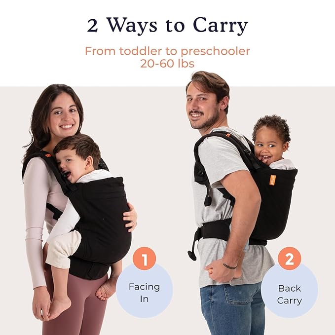 Beco Baby Carrier Toddler Carrier with Extra Wide Seat - 100% Cotton Carrying Backpack Style & Front-Carry,Lightweight & Breathable Child Carrier, Toddler Sling Carrier 20-60 lbs (Metro Black)-CubbioJoy