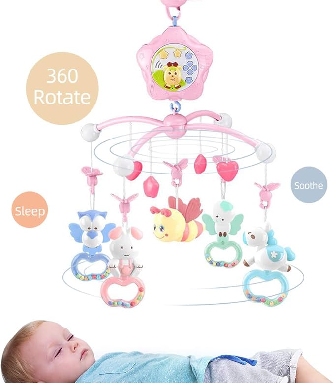 Baby Mobile for Crib with Musicial and Lights, Remote and Projection. Pack and Play Toys for Ages 0+ Months (Pink-Bee)-CubbioJoy