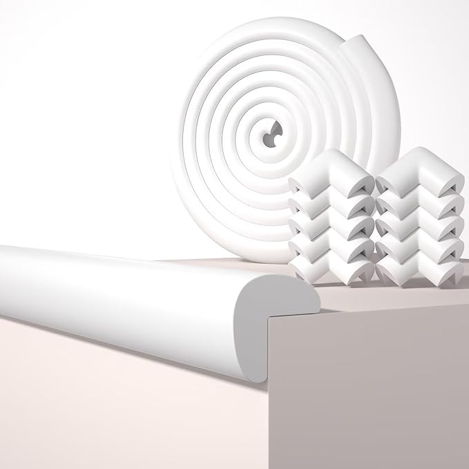 Baby Proof Edge Corner Protector, 16.4FT 0.47''Th L-Shape Furniture Corner & Edge Safety Bumpers with 10 Corners, Pre-Taped, Soft NBR Rubber Foam Desk Edge Cushion Wall Corner Protector (White)-CubbioJoy