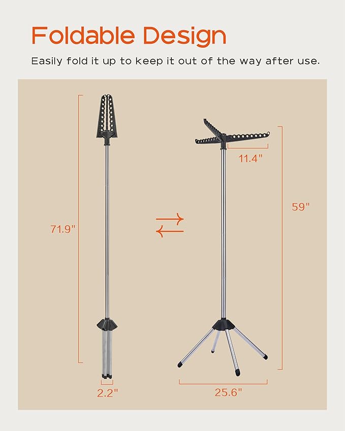 Clothes Drying Rack Foldable, 59 inch Tripod Laundry Drying Rack Indoor with Rotating Clothes Rail for 27 Pieces of Clothes, Space Saving, Stainless Steel, Black and Silver CDR001B01-CubbioJoy