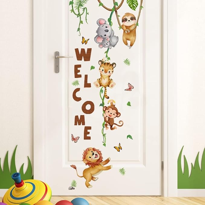 clothmile Watercolor Jungle Animal Wall Decals Welcome Animal Wall Sticker Lion Monkey Koala Wall Decals for Kids Baby Nursery Playroom Bedroom Classroom Kindergarten Wall Decor-CubbioJoy