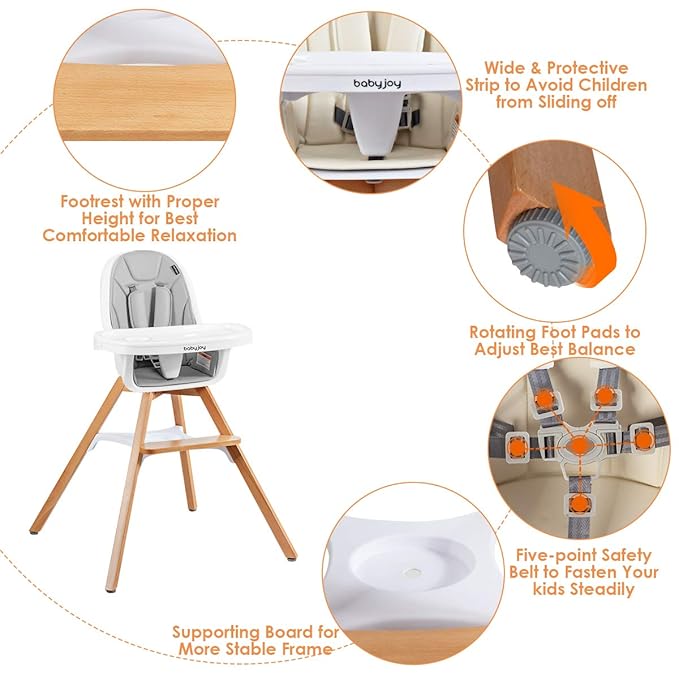 BABY JOY 3 in 1 High Chair, Baby Eat & Grow Convertible Wooden High Chair/Rocking Chair/Booster Seat/Toddler Chair, Infant Dining Chairs w/Double Removable Tray, 5-Point Seat Belt & PU Cushion, Gray-CubbioJoy