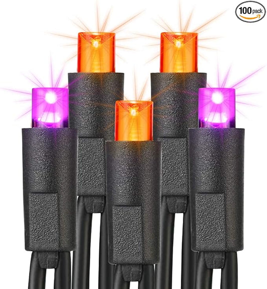 Brizled Orange & Purple Halloween Lights, 33ft 100 LED Halloween Lights 5mm Wide Angle String Light, 120V UL Certified Connectable Mini Purple Light Outdoor for Party Home Tree Decoration, Black Wire-CubbioJoy