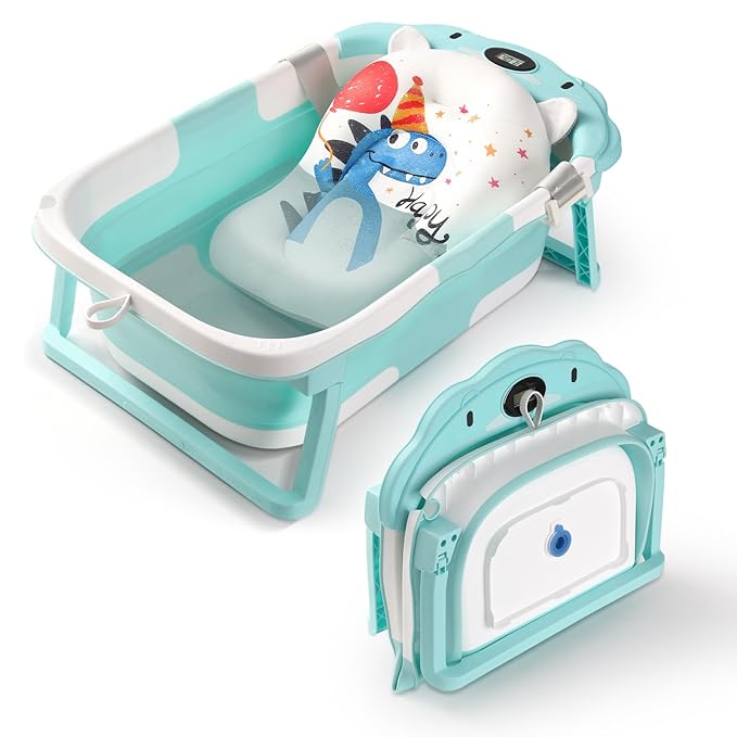 Baby Bathtub,Collapsible Baby Bath Tub with Thermometer & Soft Floating Cushion,Portable Travel Baby Bathtubs for Newborns to Toddlers 0-36 Months(Bear Green)-CubbioJoy