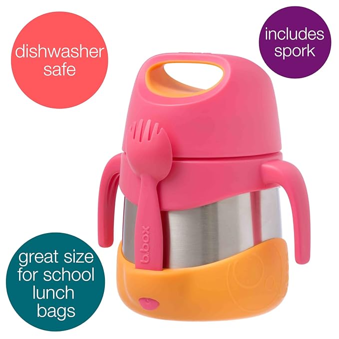 b.box Insulated Food Jar with Spork for Toddlers | Easy Open Container for Toddlers | Stainless Steel, 5hrs + of Perfect temperatures | Dishwasher Safe, BPA Free (Strawberry Shake, 11 oz)-CubbioJoy