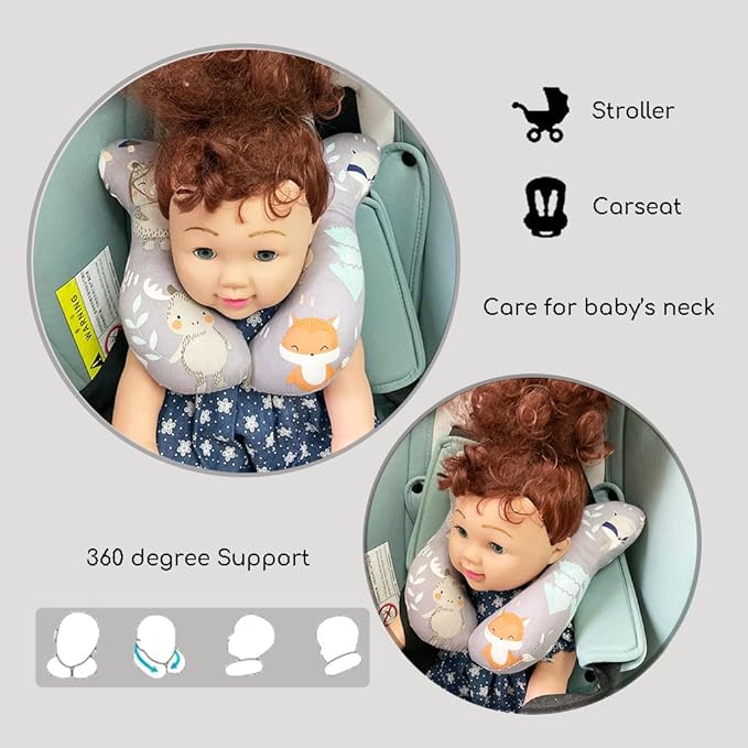 Baby Neck Pillows, Comfortable Baby Travel Head Neck Support Pillow for Car Seat Stroller Pushchair, Soft PP Cotton Travel Pillow for 0-1 Year Old Toddler Infant Newborn, Fox-CubbioJoy