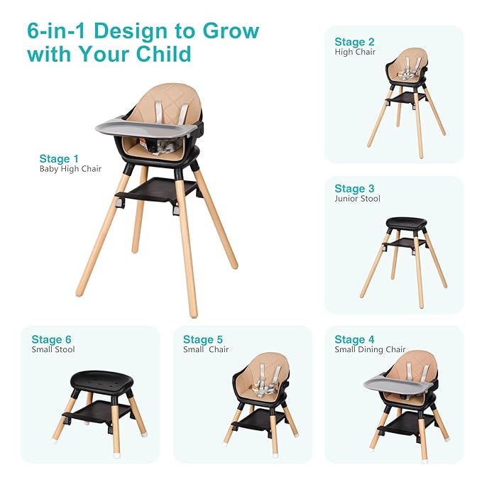 Baby High Chair, 6 in 1 Wooden Convertible High Chairs for Babies and Toddlers, Booster Seat with Double Tray & Reversible Footrest, 5-Point Harness Infants Feeding Seat, Black-CubbioJoy
