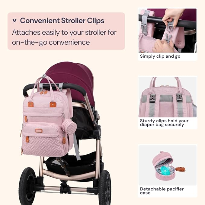 BabbleRoo Diaper Bag Backpack - Baby Essentials Travel Tote - Multi function Water Resistant Diaper Bag, Travel Essentials Baby Bag with Changing Pad, Stroller Straps & Pacifier Case - Unisex, Pink-CubbioJoy
