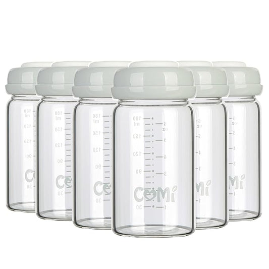 COMI Wide Neck Glass Breastmilk Collection n Storage Bottle, 6oz with Screw Ring Sealing Disk; Re-markable Sealing Disc. BPA Free, Fits Breast Pumps & Nipples (Gray Lids)-CubbioJoy