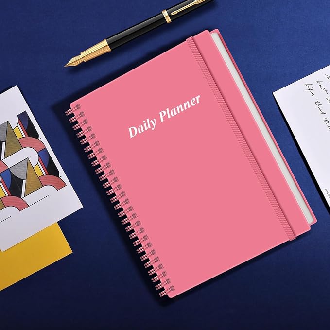 Daily Planner Undated - B5 To Do List Notebook Hourly Schedules, Spiral Appointment Planner for Women and Men, PVC Hardcover, Inner Pocket, Elastic Closure, 7" x 10", Pink-CubbioJoy