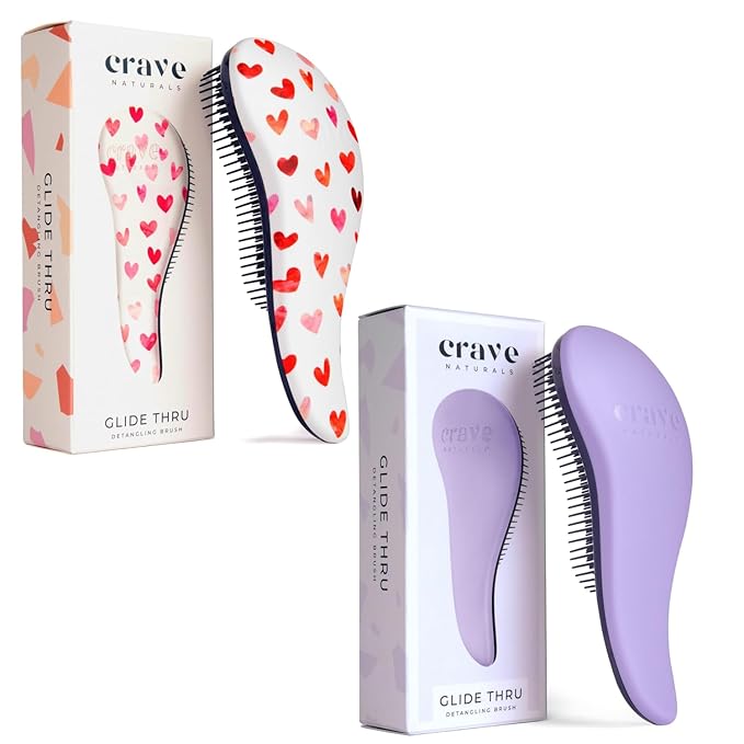 Crave Naturals Glide Thru Detangling Hair Brush for Adults and Kids - Detangler Hairbrush for Curly or Straight, Wet or Dry Hair - Gentle on Tangles Comb - Purple and Pink Hearts (Pack of 2)-CubbioJoy