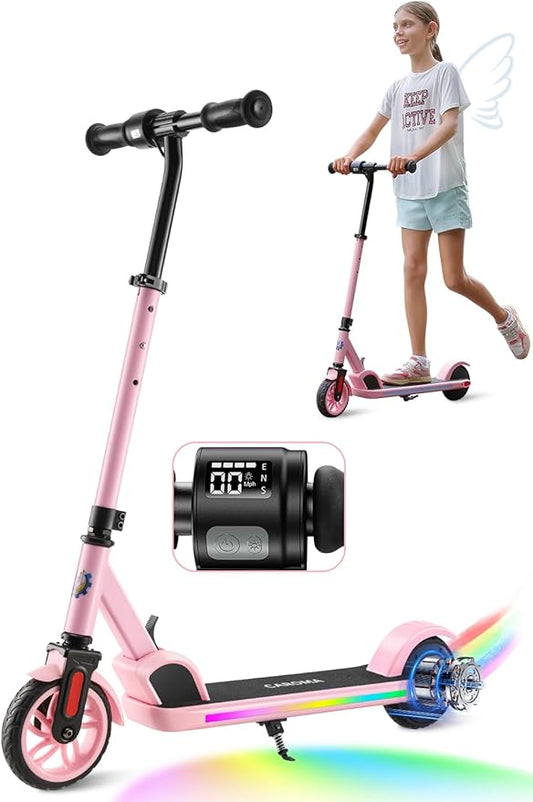 Caroma Electric Scooter for Kids Ages 6-12,150W/180WMotor,10 MPH Max Speed & 7 Miles,Colorful Lights,Adjustable Height & Speed,LED Display,Foldable Kids Electric Scooter 132 Lbs Max Load,Idea Gift-CubbioJoy