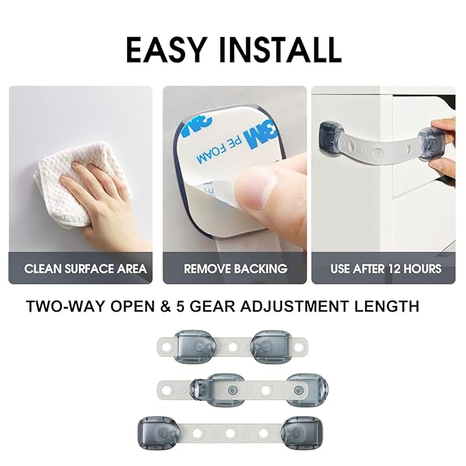 5 Pack Cabinet Locks Baby Proofing, Child Proof Cabinet Locks with Sticky Adhesive Pads, Child Locks for Cabinets and Drawers, RV Refrigerator, Oven Lock Child Safety Baby Cabinet Locks-CubbioJoy