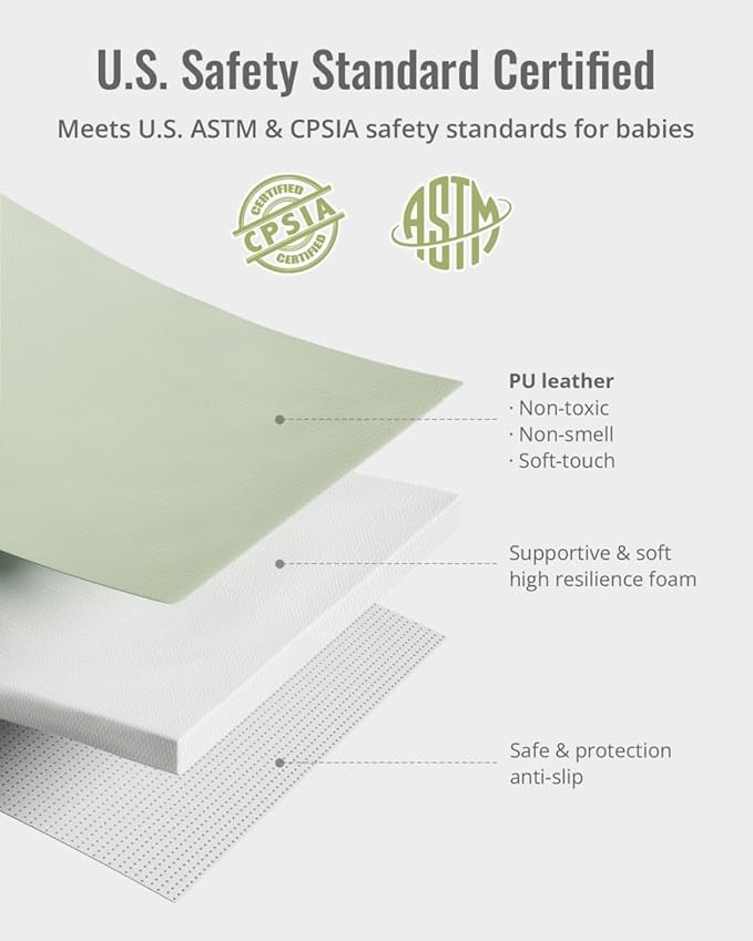 Blissful Diary Vegan Leather Baby Play Mat, 50x50 Thicken Foam Cushioned & Waterproof Playpen Mat for Infants and Toddlers, Stylish and Just Wipe-Clean Playmat for Baby Play on Floor, Light Green-CubbioJoy