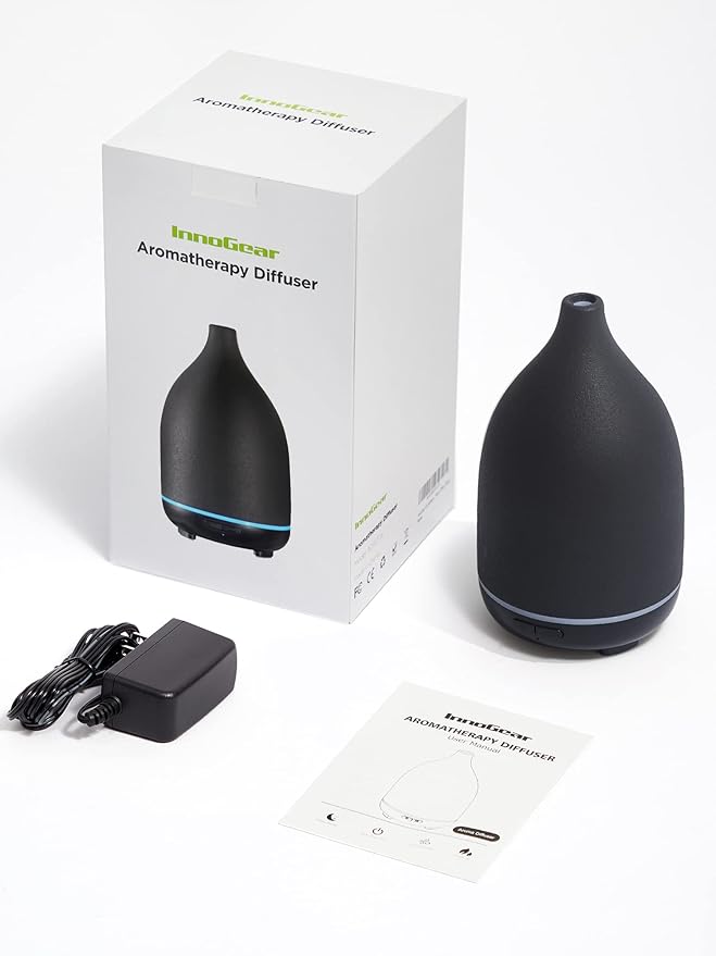 InnoGear Oil Diffuser, 150ML Ceramic Diffuser for Essential Oils Handcrafted Aromatherapy Diffuser Ultrasonic Cool Mist Humidifier with 2 Mist Modes Waterless Auto Off for Room Office, Black-CubbioJoy