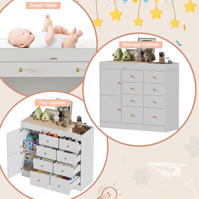 Changing Table Dresser with Drawers,Modern Baby Dresser with Changing Table Top for Nursery,Diaper Changing Station Organizer for Infants Newborn,White-CubbioJoy