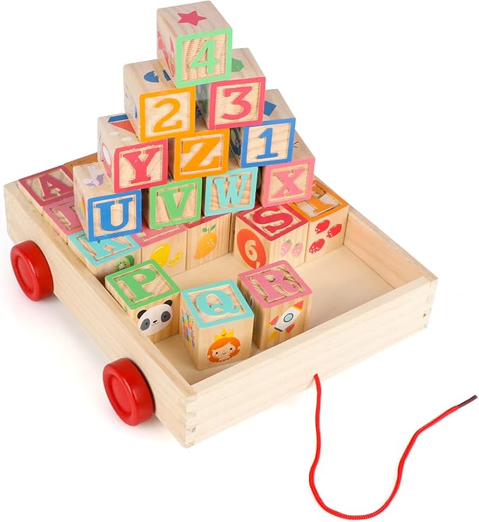 Joqutoys Wooden Building Blocks for Toddlers 1-3, Large Wood Baby Stacking Blocks Set for Kids, 30 PCS Alphabet Blocks with Toy Wagon, Educational Wooden Toys for Boys Girls Gifts 1.65"-CubbioJoy