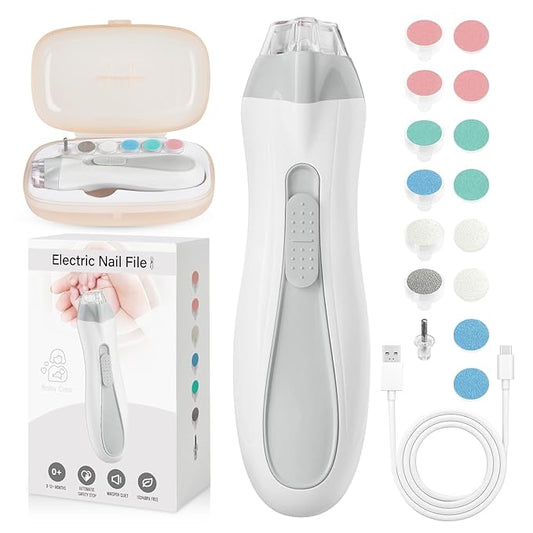 Baby Nail Trimmer Electric, 15 in 1 Baby Nail Clippers for Gentle Nail Care, Rechargeable Baby Nail File Electric with Light &15 Grinding Pads for Infant Toddler, Grey-CubbioJoy