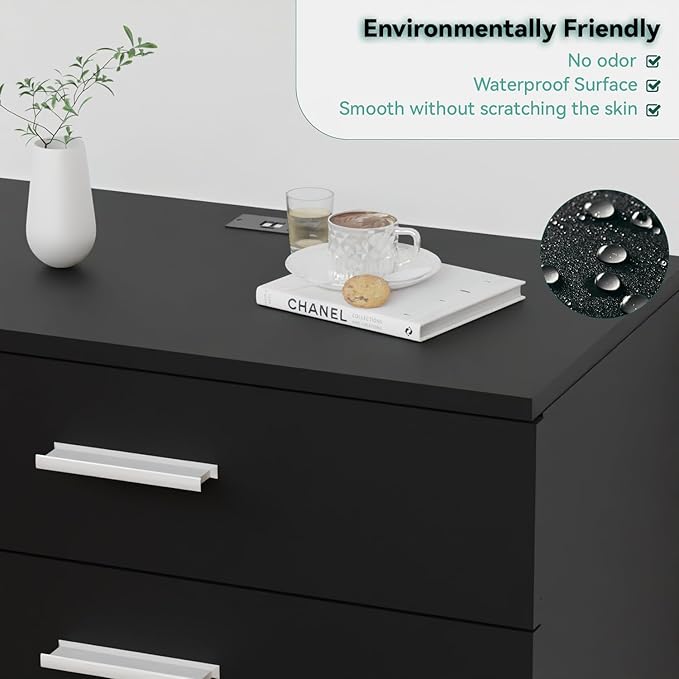Dresser with Power Outlets Wooden 4 Drawer Dresser with USB and Type C Port Chest of Drawers for Bedroom Tall Black Organizer Storage for Living Room Hallway Closet-CubbioJoy