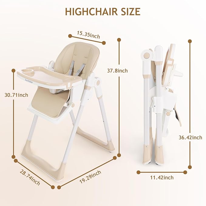 3 in 1 Baby High Chair with Wheels, Adjustable 5 Point Harness, Tray, Foot Rest, Backrest and Seat Height, Foldable High Chair for Toddlers, Beige-CubbioJoy