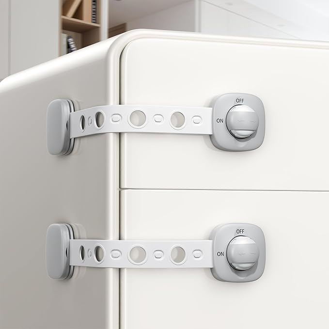2 Pack Cabinet Locks/Refrigerator Locks Baby Proofing - Child Proof Locks for Drawer, Refrigerator, Fridge, Toilet Seat-No Screws or Tools Required (2 Pack-Grey Locks)-CubbioJoy