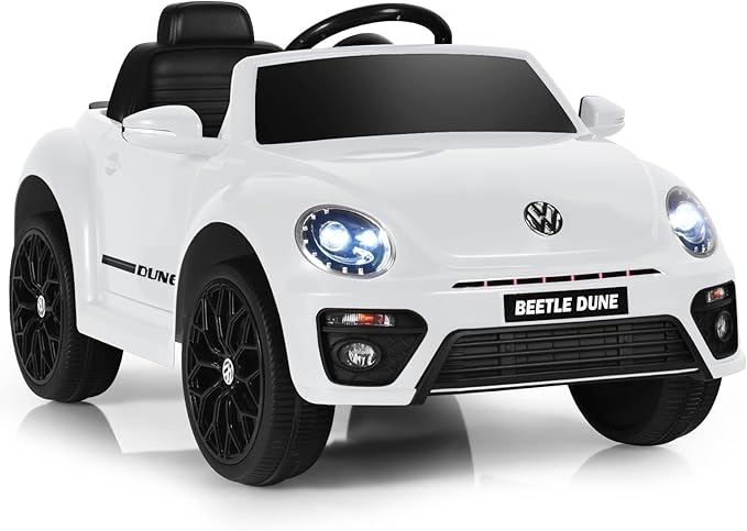 Costzon Ride on Car, 12V Licensed Volkswagen Beetle Battery Powered Vehicle w/Remote Control, Spring Suspension, Lights, USB, Horn, Music, 4 Wheeler for Boy Girl Gift, Electric Car for Kids, White-CubbioJoy