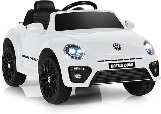 Costzon Ride on Car, 12V Licensed Volkswagen Beetle Battery Powered Vehicle w/Remote Control, Spring Suspension, Lights, USB, Horn, Music, 4 Wheeler for Boy Girl Gift, Electric Car for Kids, White-CubbioJoy